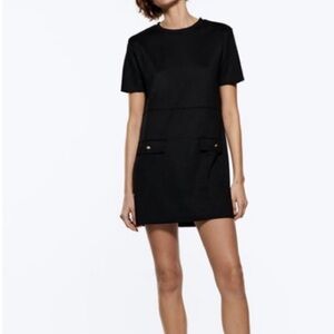 Zara Black Faux Suede Gold Button Shift Sheath Mini Dress - M